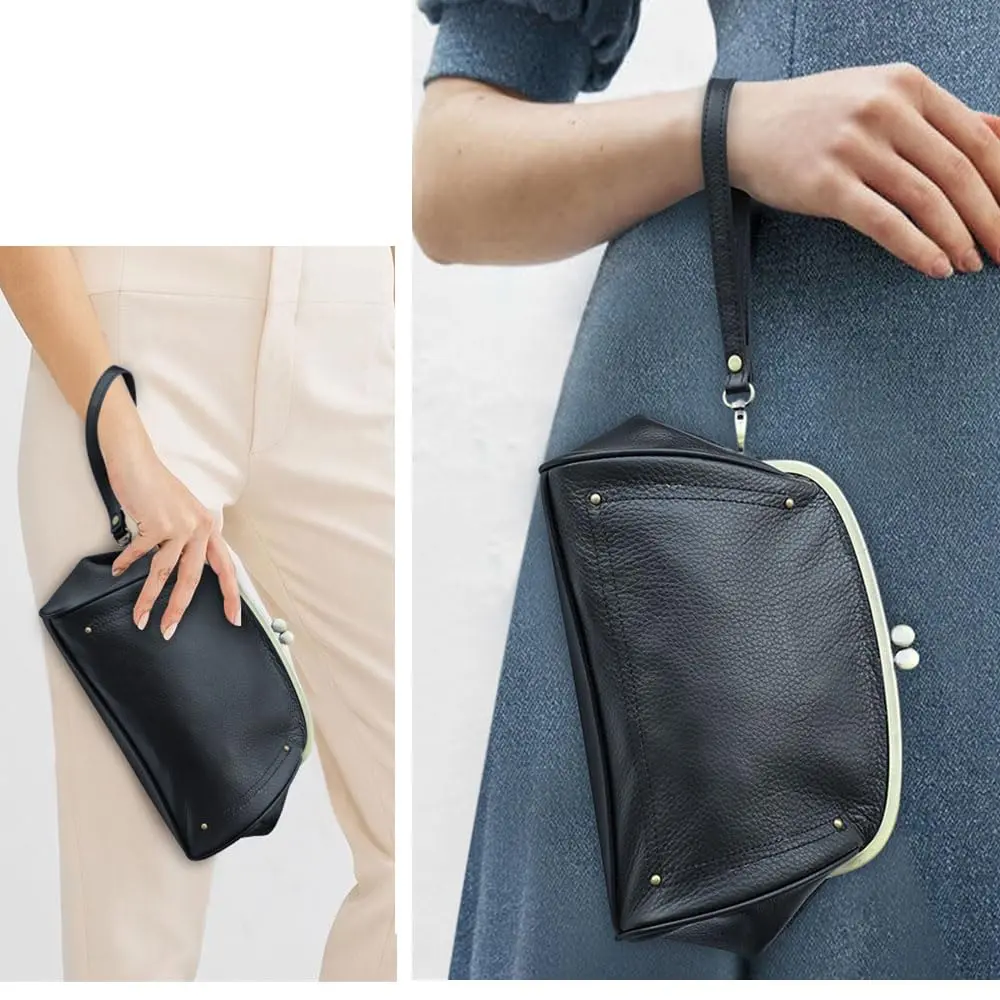 CONTACTS Large Leather Evening Clutch Bag for Women | Vintage Kiss Lock Purse with Detachable Wristlet (Black) - view 2