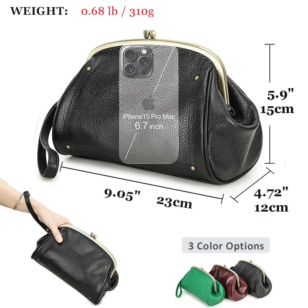 CONTACTS Large Leather Evening Clutch Bag for Women | Vintage Kiss Lock Purse with Detachable Wristlet (Black) - view 3