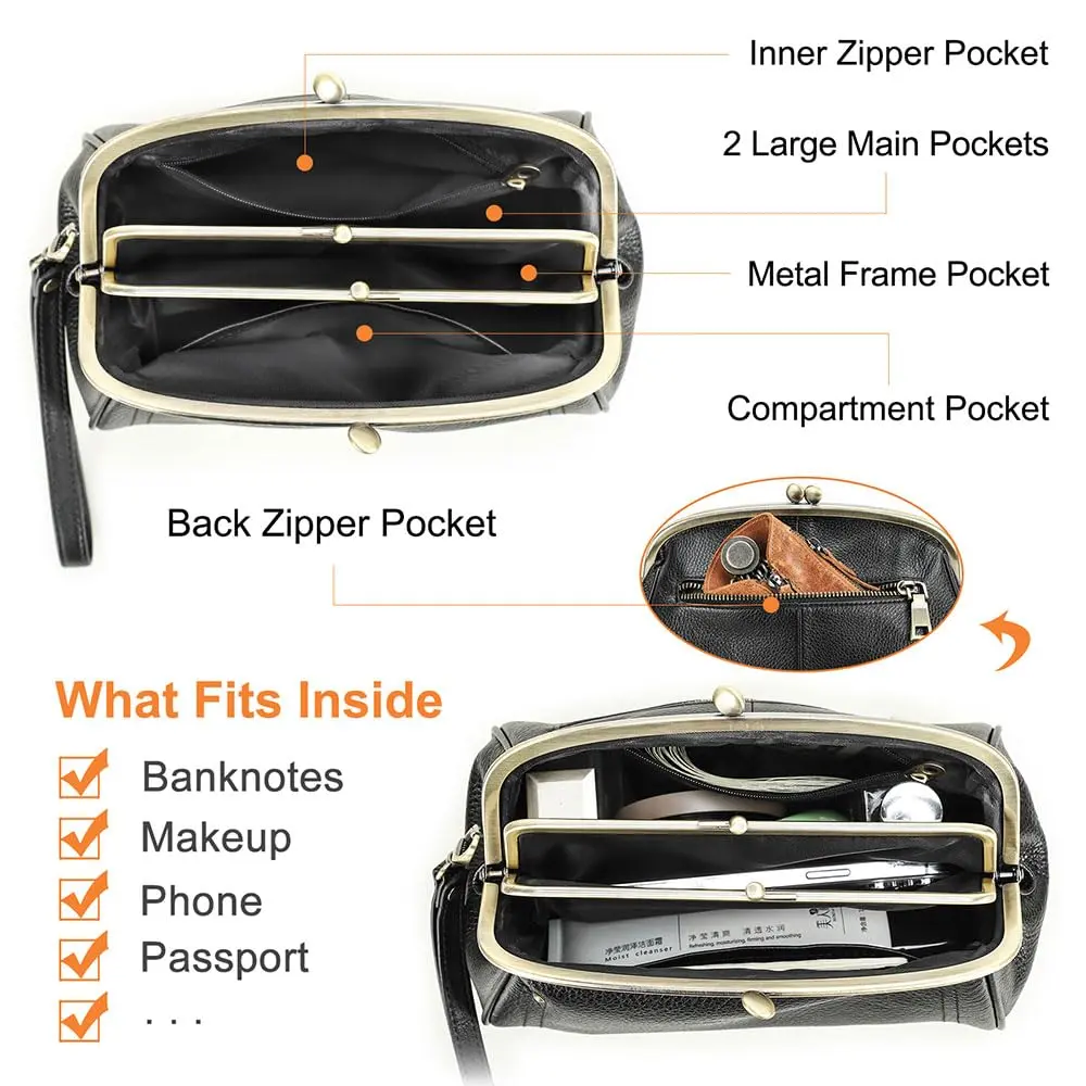 CONTACTS Large Leather Evening Clutch Bag for Women | Vintage Kiss Lock Purse with Detachable Wristlet (Black) - view 4