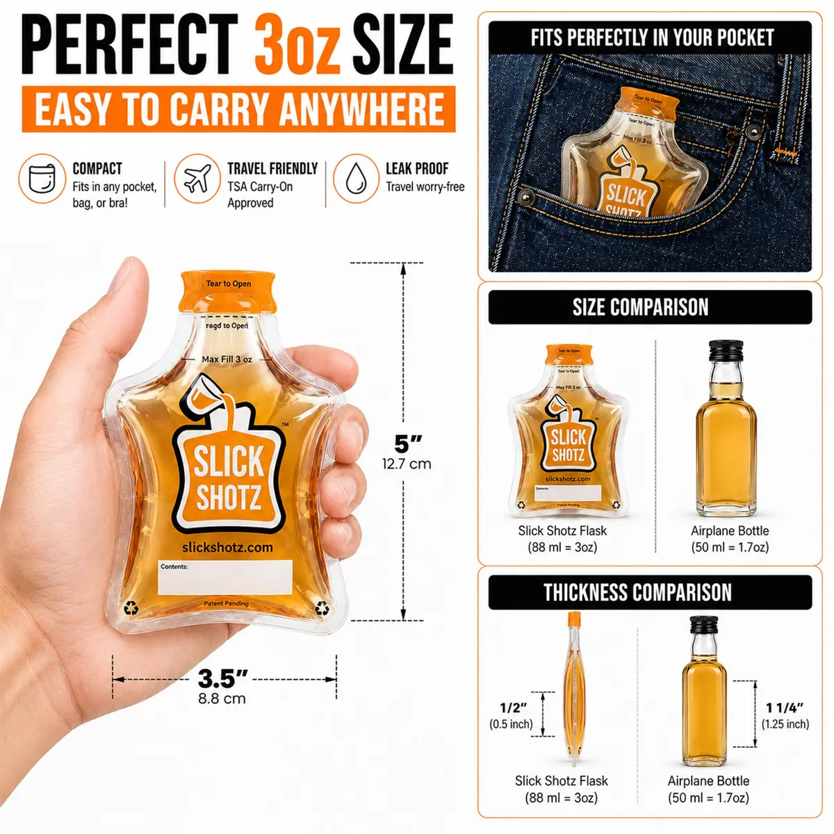 Slick Shotz 50 Pcs Heat Sealed Plastic Flask for Liquor 3oz | Leak Proof, Reusable, TSA Approved - view 2
