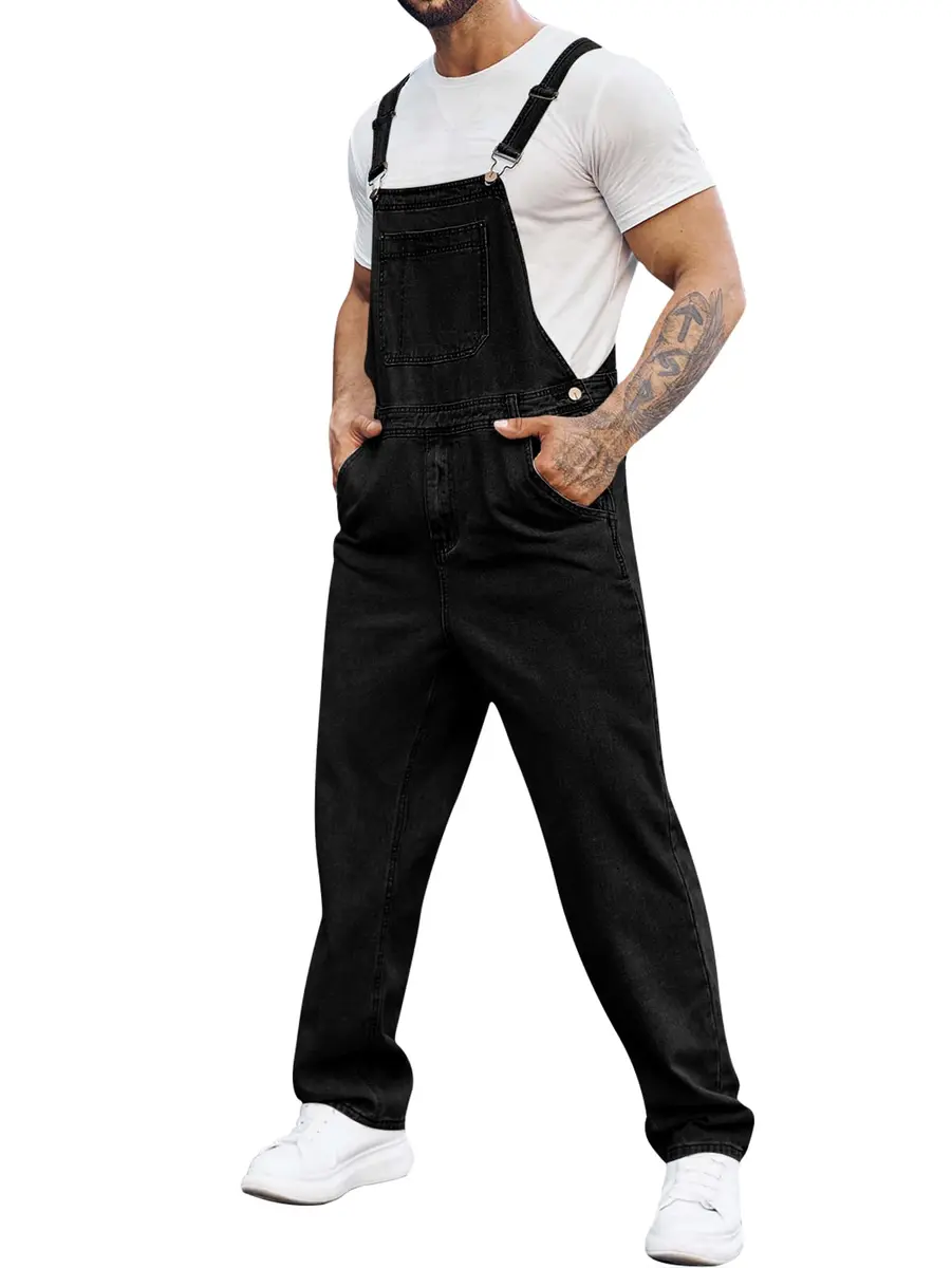 Runcati Men's Black Denim Bib Overall Jean Romper Trousers Slim Fit Jumpsuit with Adjustable Straps (Size Medium) - main product image