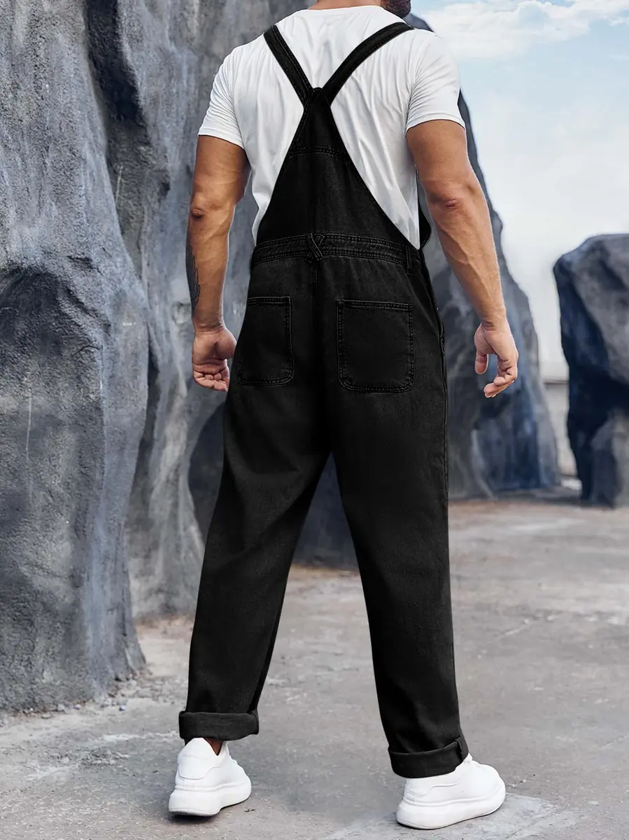 Runcati Men's Black Denim Bib Overall Jean Romper Trousers Slim Fit Jumpsuit with Adjustable Straps (Size Medium) - view 5