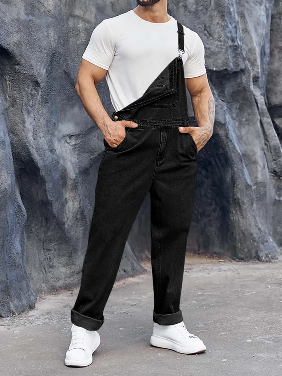 Runcati Men's Black Denim Bib Overall Jean Romper Trousers Slim Fit Jumpsuit with Adjustable Straps (Size Medium) - view 2