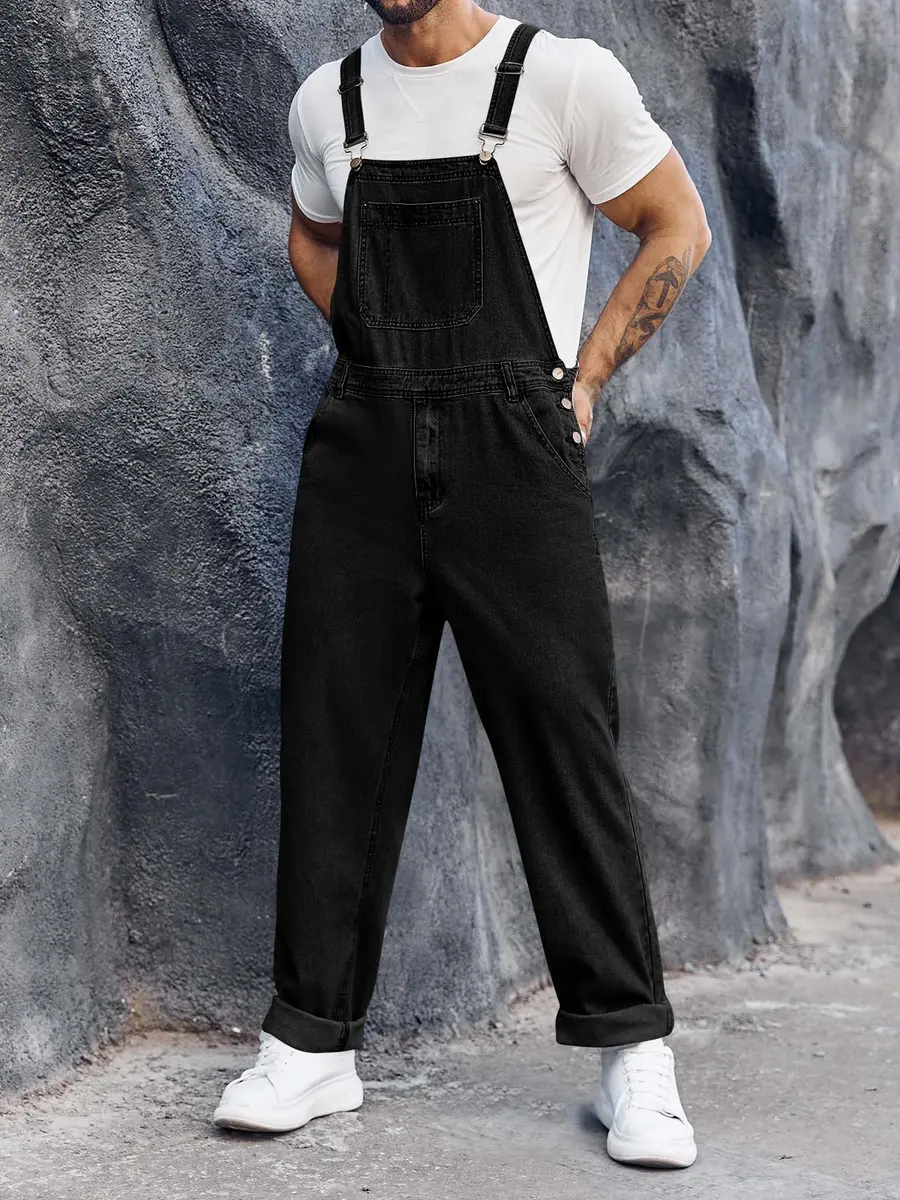 Runcati Men's Black Denim Bib Overall Jean Romper Trousers Slim Fit Jumpsuit with Adjustable Straps (Size Medium) - view 3
