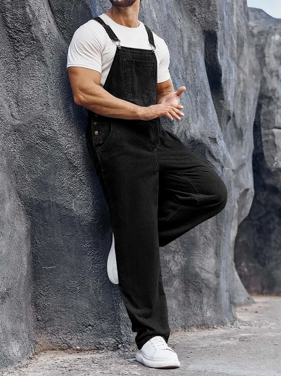 Runcati Men's Black Denim Bib Overall Jean Romper Trousers Slim Fit Jumpsuit with Adjustable Straps (Size Medium) - view 4