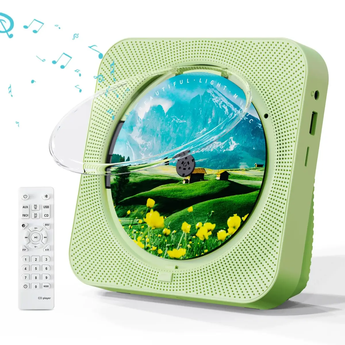 MICOCIOUS Portable CD Player with Bluetooth & Remote, Green | Desktop Home Audio Boombox with Dual Speakers, FM Radio, USB, TF Card - main product image