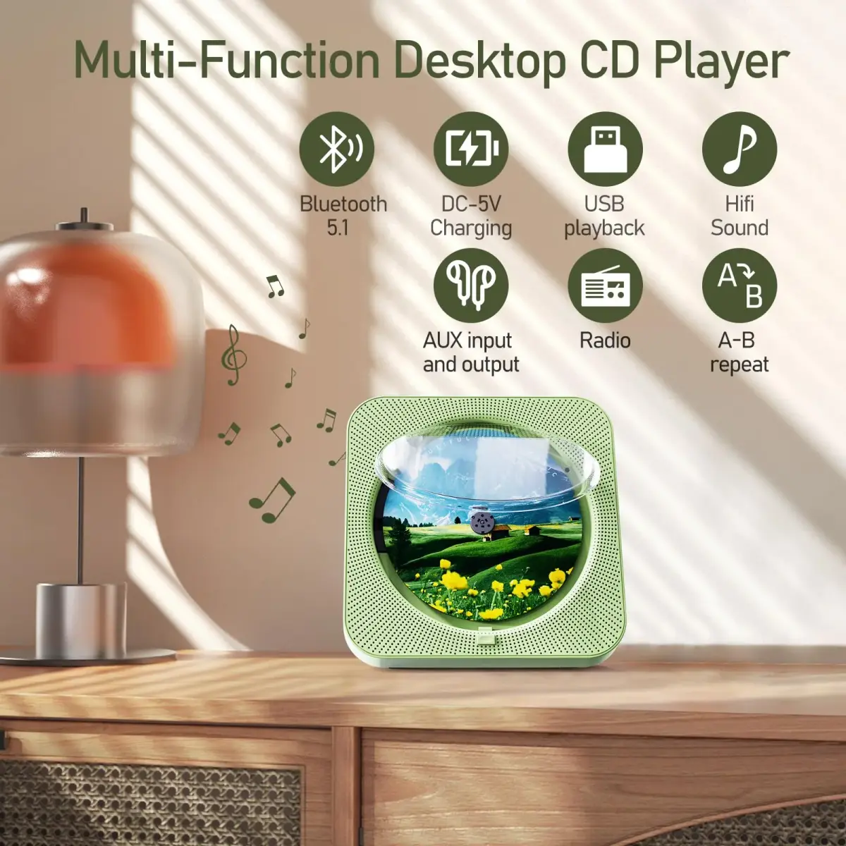 MICOCIOUS Portable CD Player with Bluetooth & Remote, Green | Desktop Home Audio Boombox with Dual Speakers, FM Radio, USB, TF Card - view 2