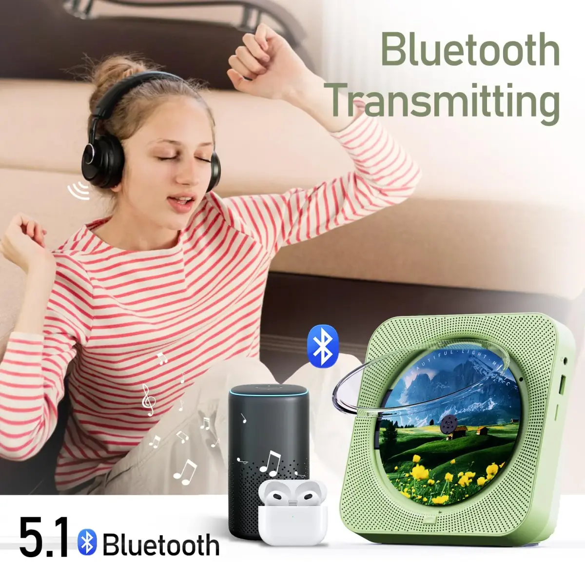 MICOCIOUS Portable CD Player with Bluetooth & Remote, Green | Desktop Home Audio Boombox with Dual Speakers, FM Radio, USB, TF Card - view 4
