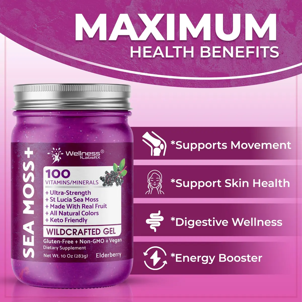 WELLNESS LABSRX Irish Sea Moss Gel Superfood Elderberry Flavor 296ml (10 Fl Oz) | Nutrient-Rich Superfood - view 5