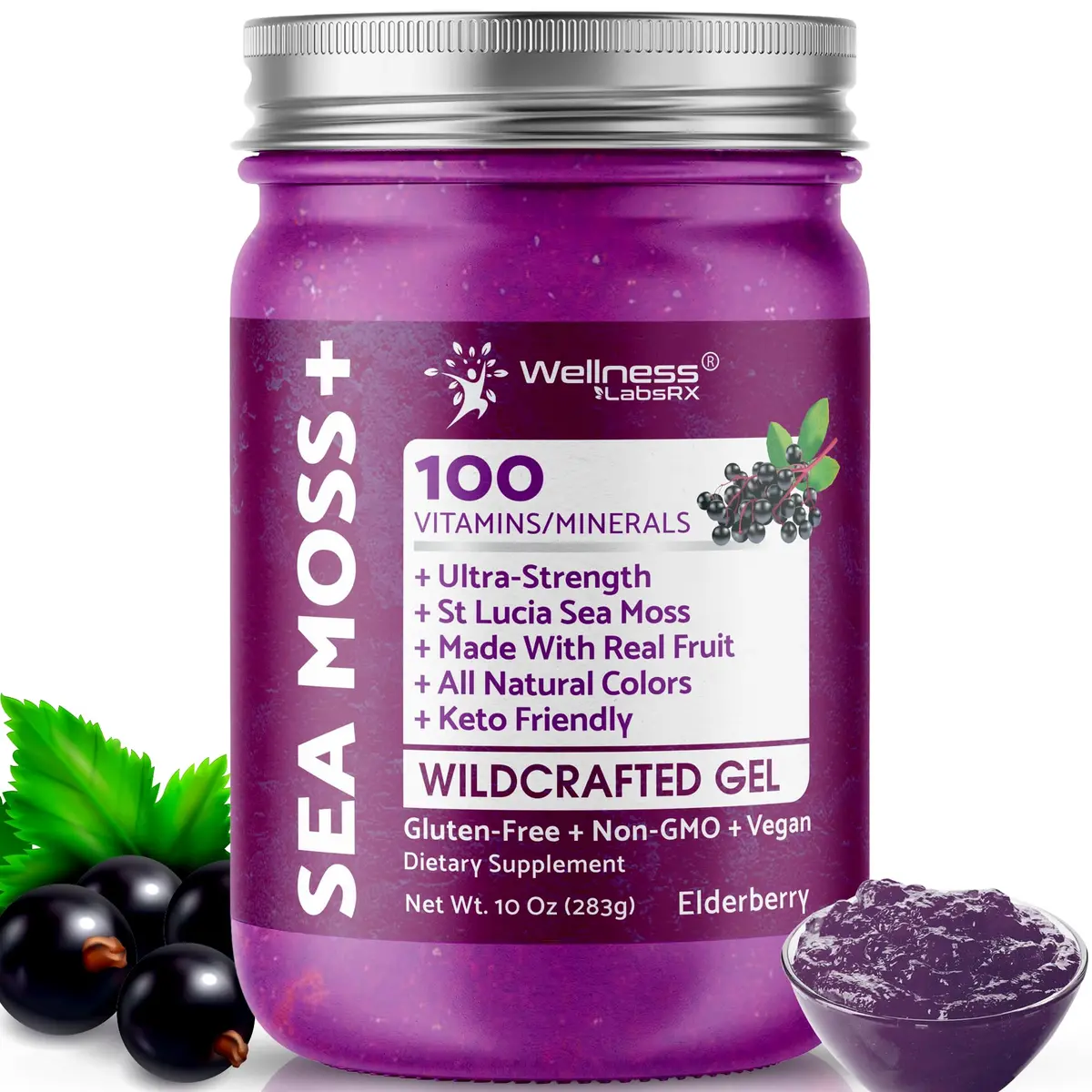 WELLNESS LABSRX Irish Sea Moss Gel Superfood Elderberry Flavor 296ml (10 Fl Oz) | Nutrient-Rich Superfood - main product image