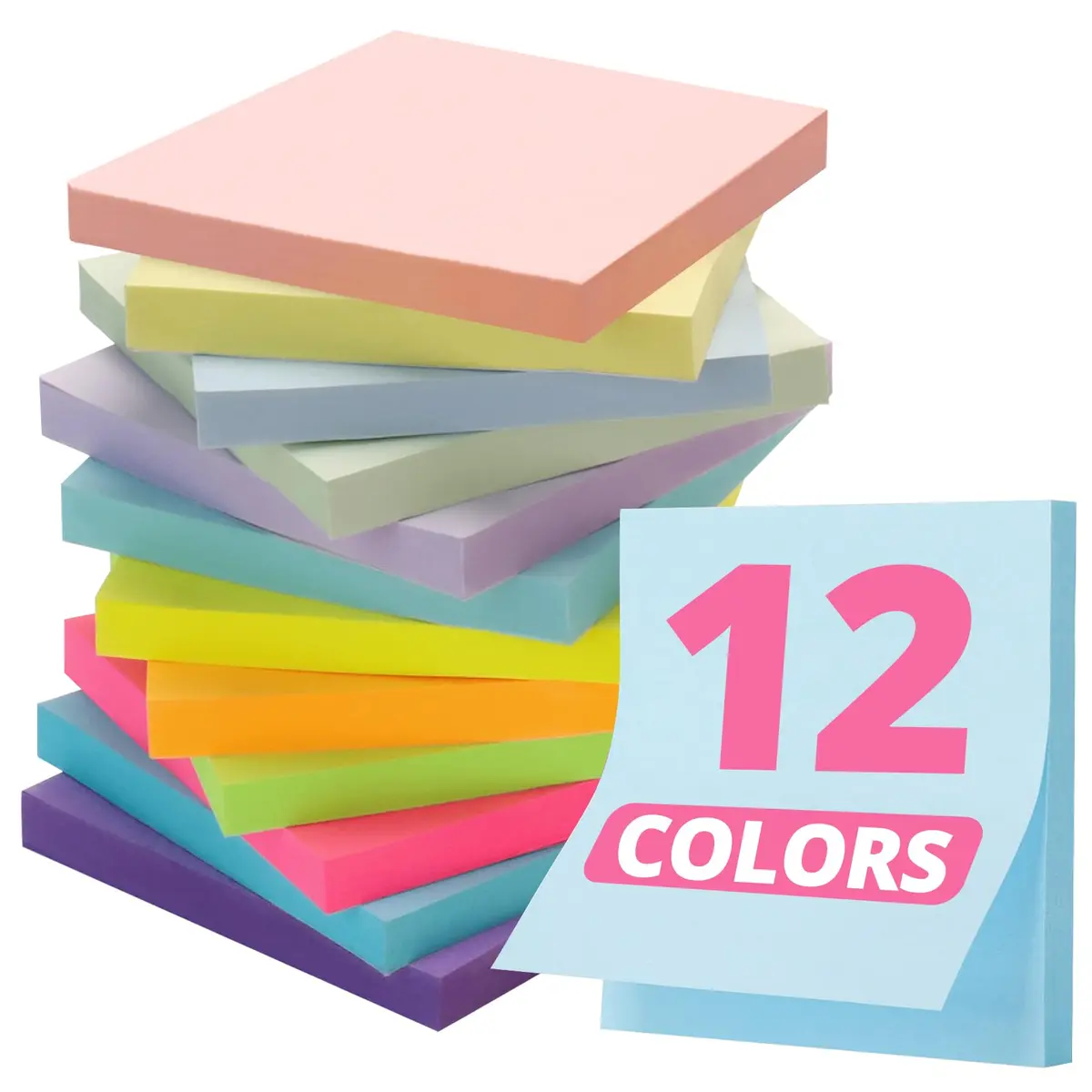 Taja 12 Pads Sticky Notes 3"x 3" | Colorful, Recyclable, 600 Notes for Office & Study - main product image