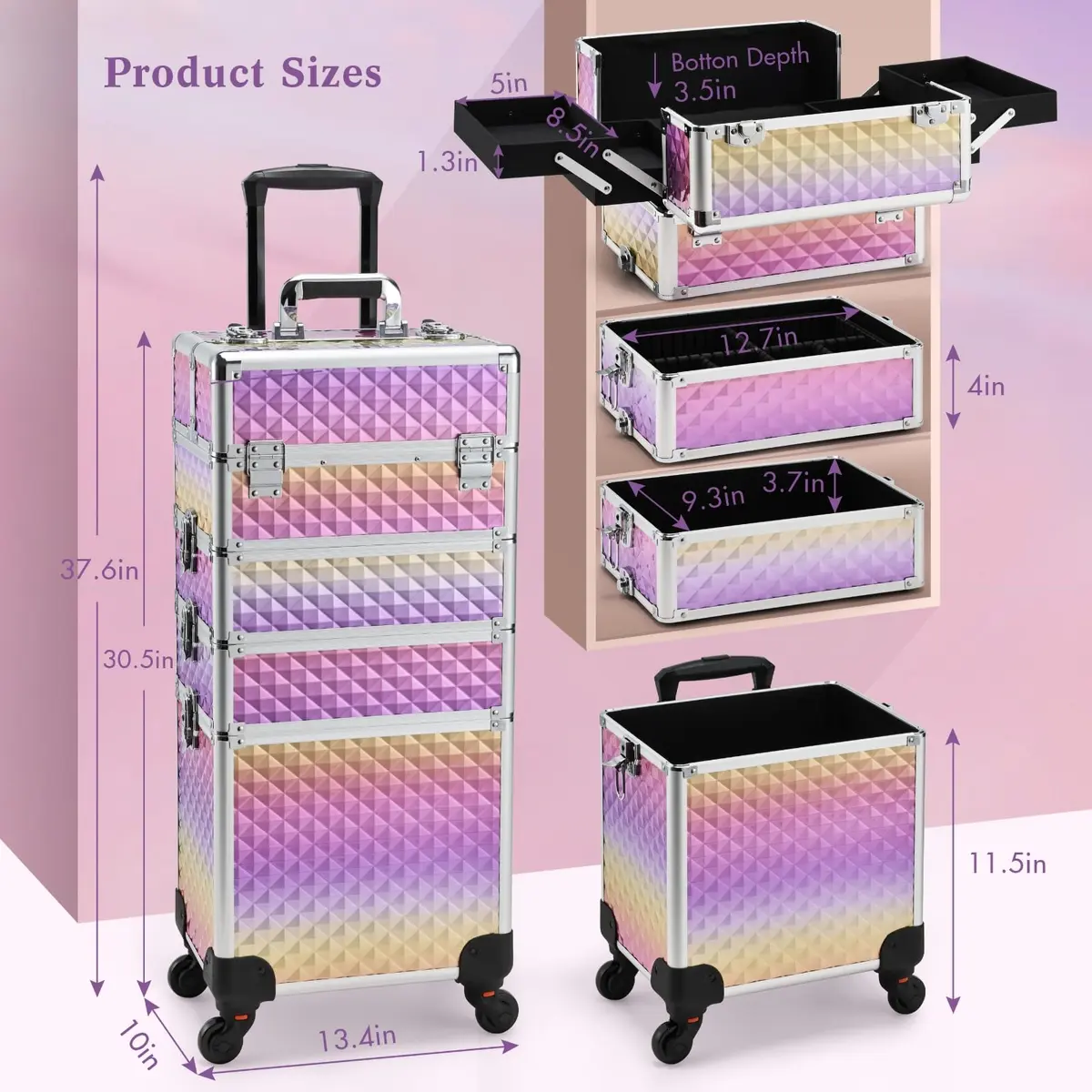 Yueieoun Makeup Case on Wheels, 4-in-1 Rolling Trolley, Gradient Purpple | Professional Makeup Travel Cart - view 6
