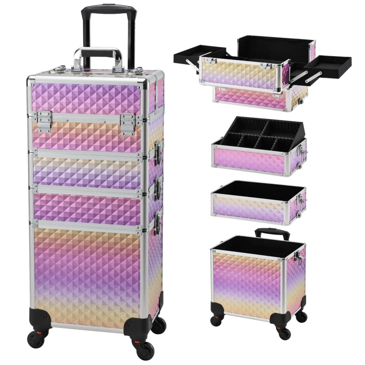 Yueieoun Makeup Case on Wheels, 4-in-1 Rolling Trolley, Gradient Purpple | Professional Makeup Travel Cart - main product image