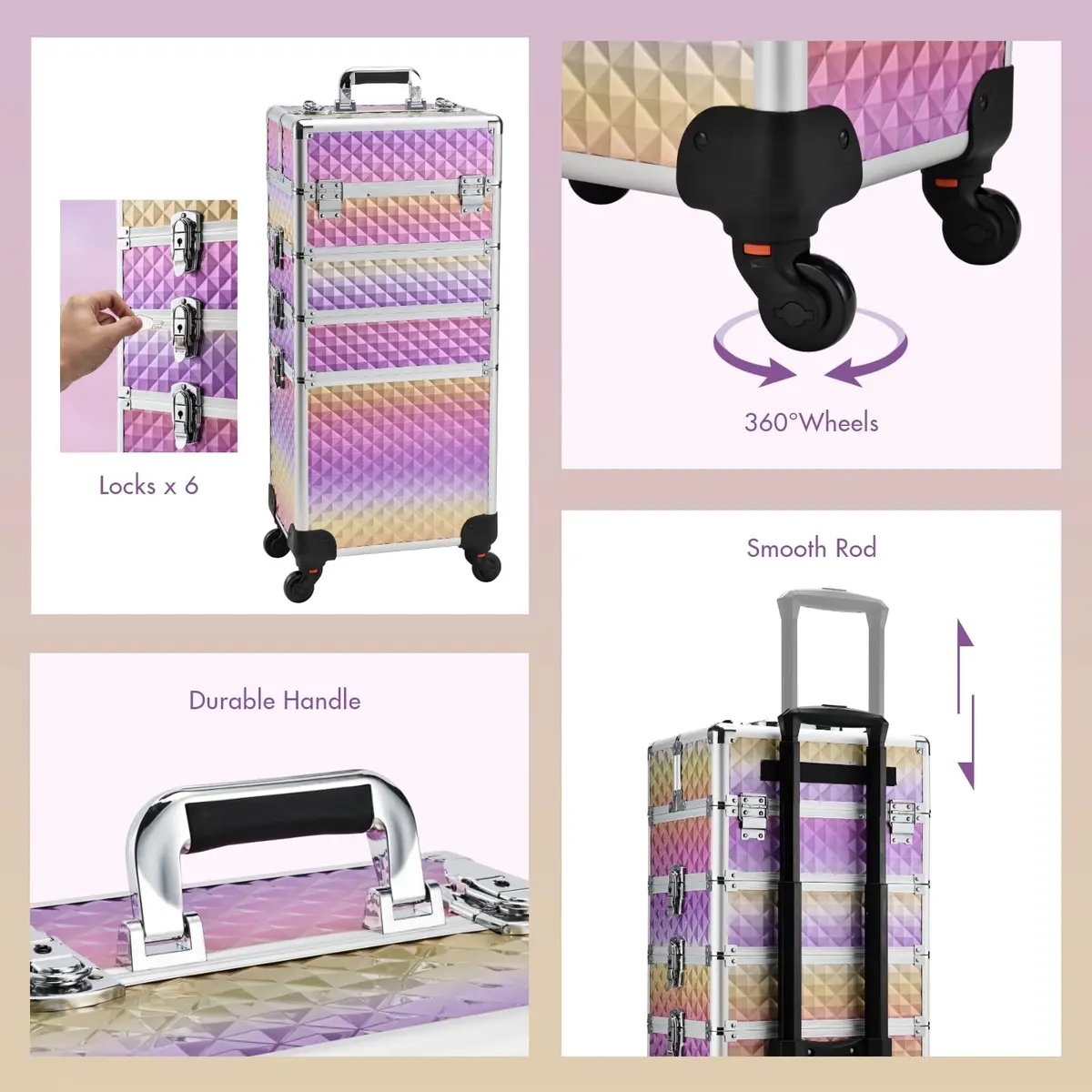 Yueieoun Makeup Case on Wheels, 4-in-1 Rolling Trolley, Gradient Purpple | Professional Makeup Travel Cart - view 7