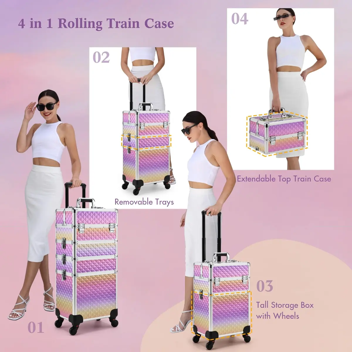 Yueieoun Makeup Case on Wheels, 4-in-1 Rolling Trolley, Gradient Purpple | Professional Makeup Travel Cart - view 2