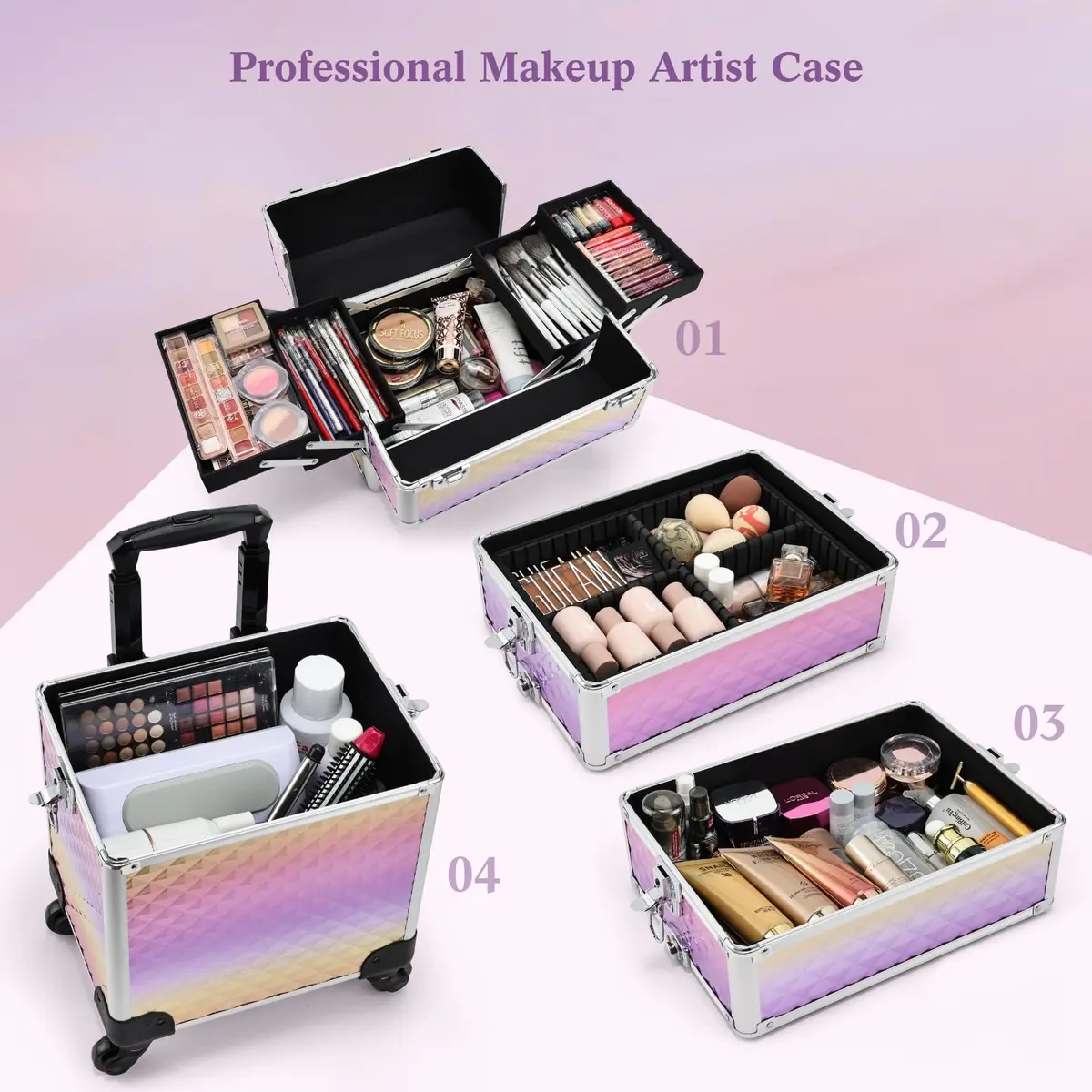 Yueieoun Makeup Case on Wheels, 4-in-1 Rolling Trolley, Gradient Purpple | Professional Makeup Travel Cart - view 3