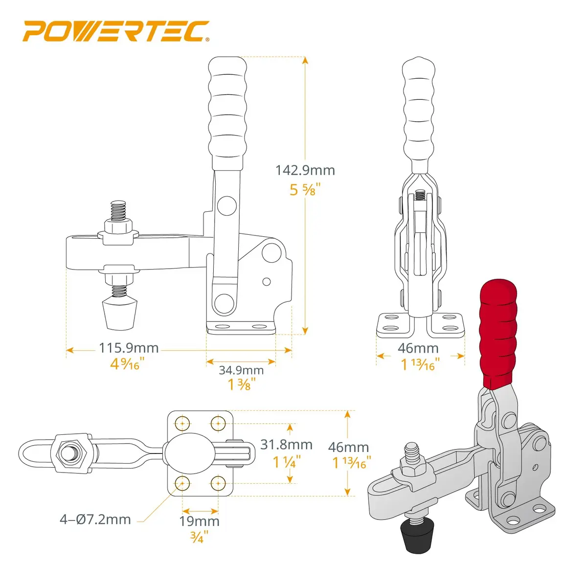 POWERTEC 4PK Vertical Toggle Clamps 500 lbs Capacity | Secure Hold Down for Woodworking Jigs & Fixtures - view 2
