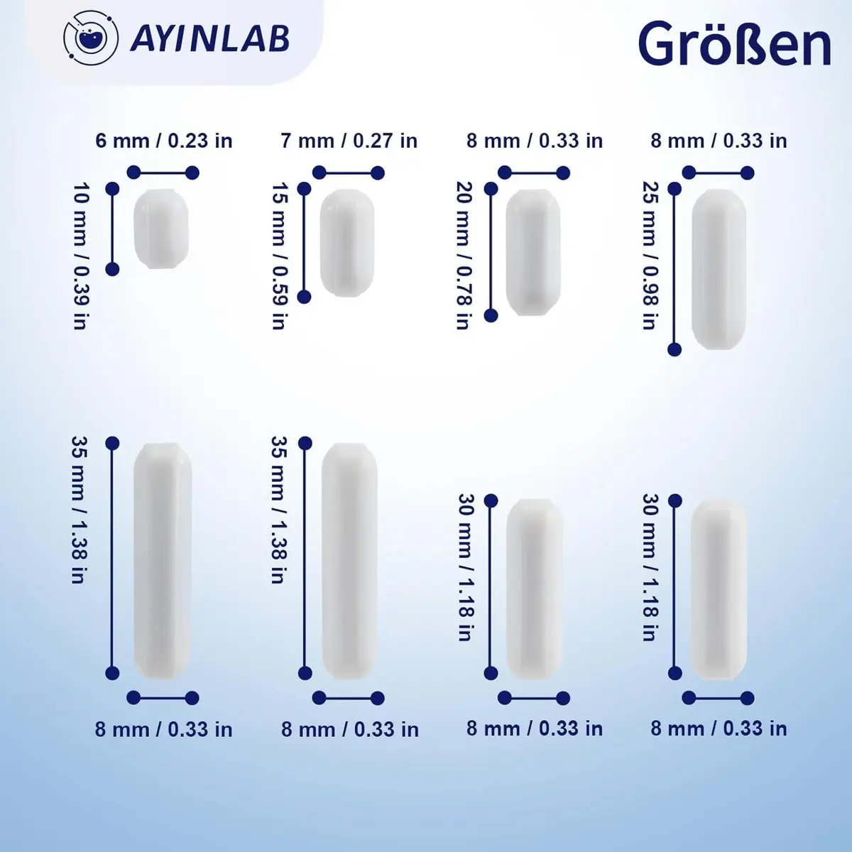 AYINLAB PTFE Magnetic Stir Bar Set 8pcs (10mm-35mm) | Lab Stirring Rods for Magnetic Stirrers - view 2