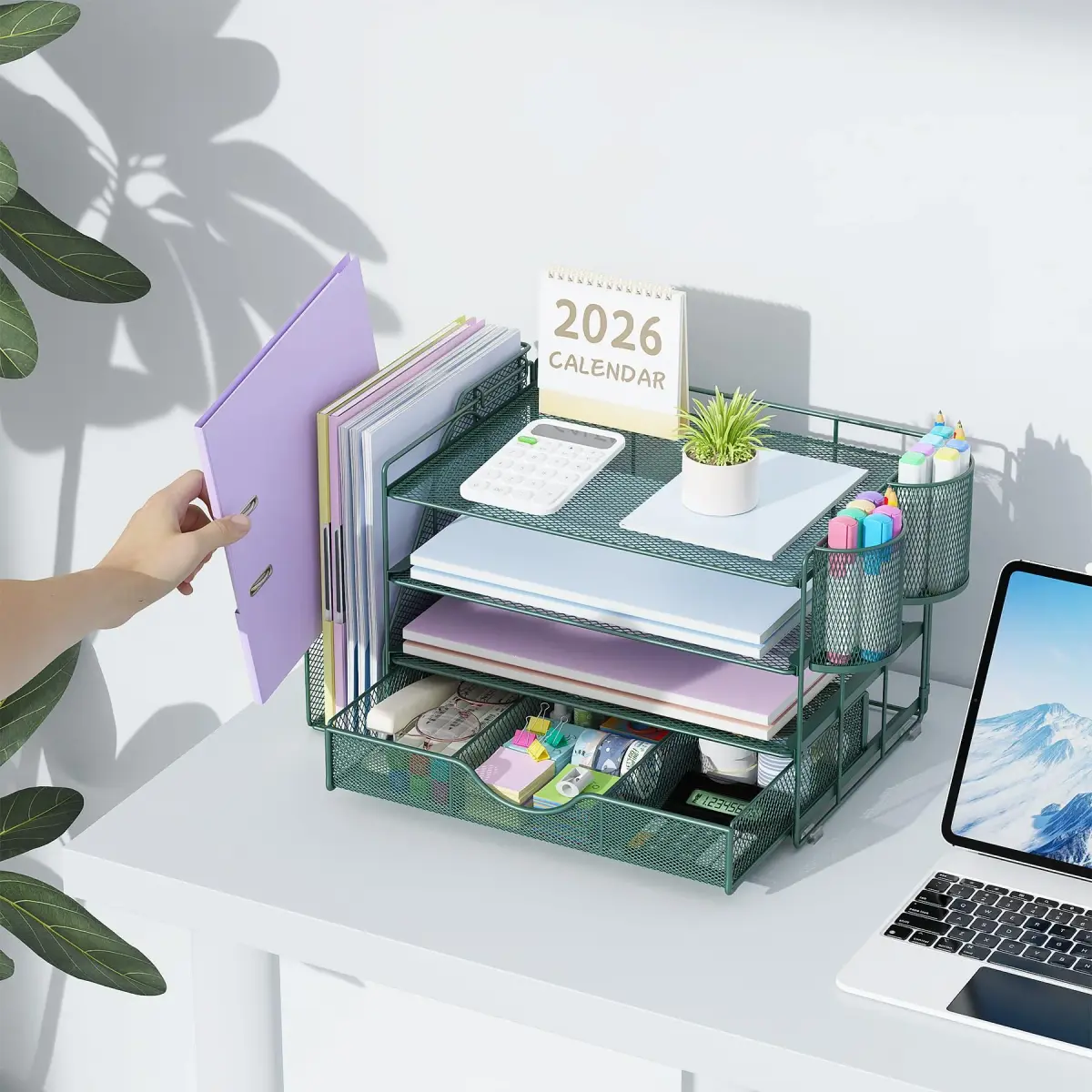 gianotter 4-Tier Desk Organizer with Drawers, File Holders, Letter Trays and Pen Holders - Workspace Accessories for Office Supplies (Green) | Modern Style - view 6