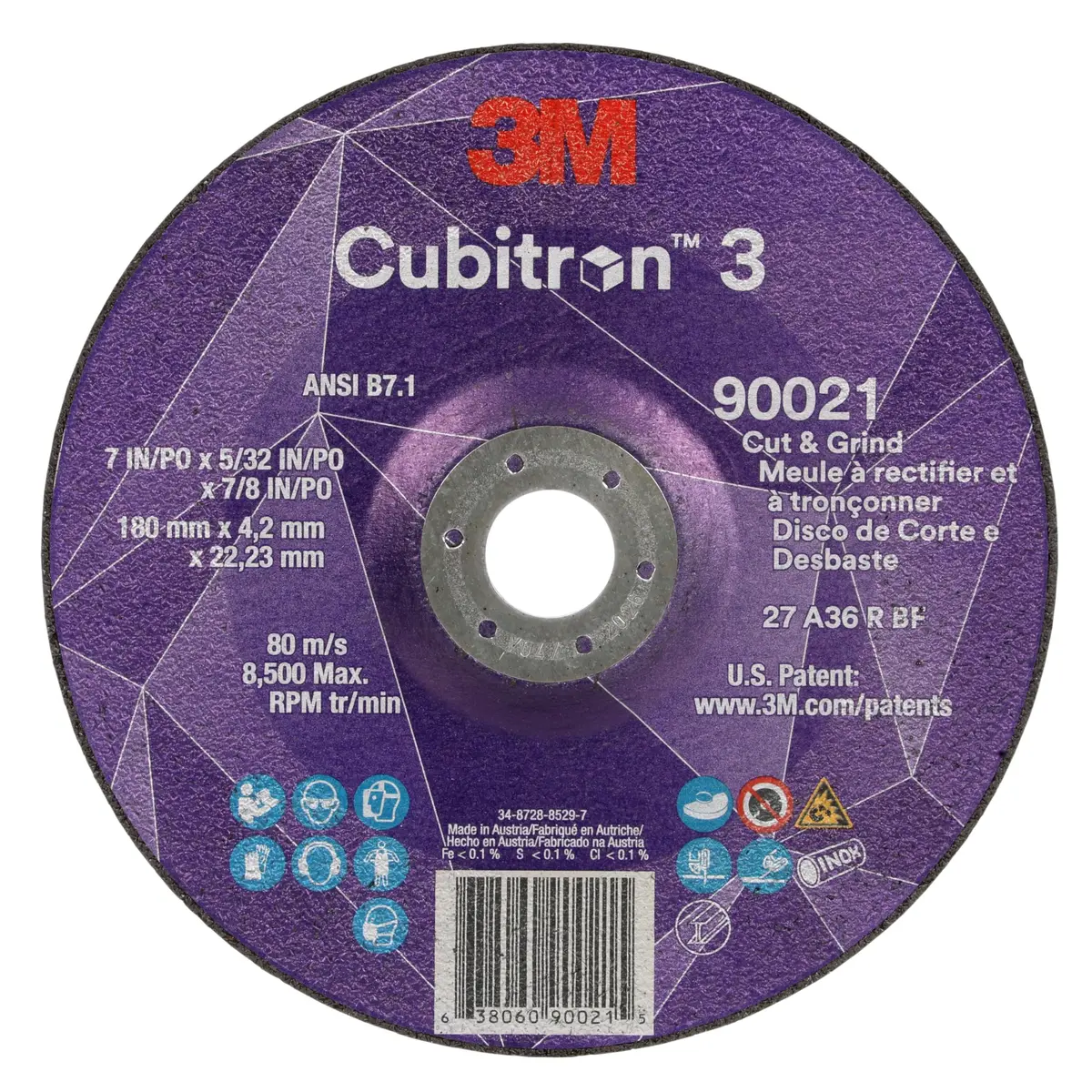 3M Cubitron 3 Cut and Grind Wheel, 36+ Grit, T27, 7 in x 5/32 in x 7/8 in | Long-lasting ceramic abrasive - main product image