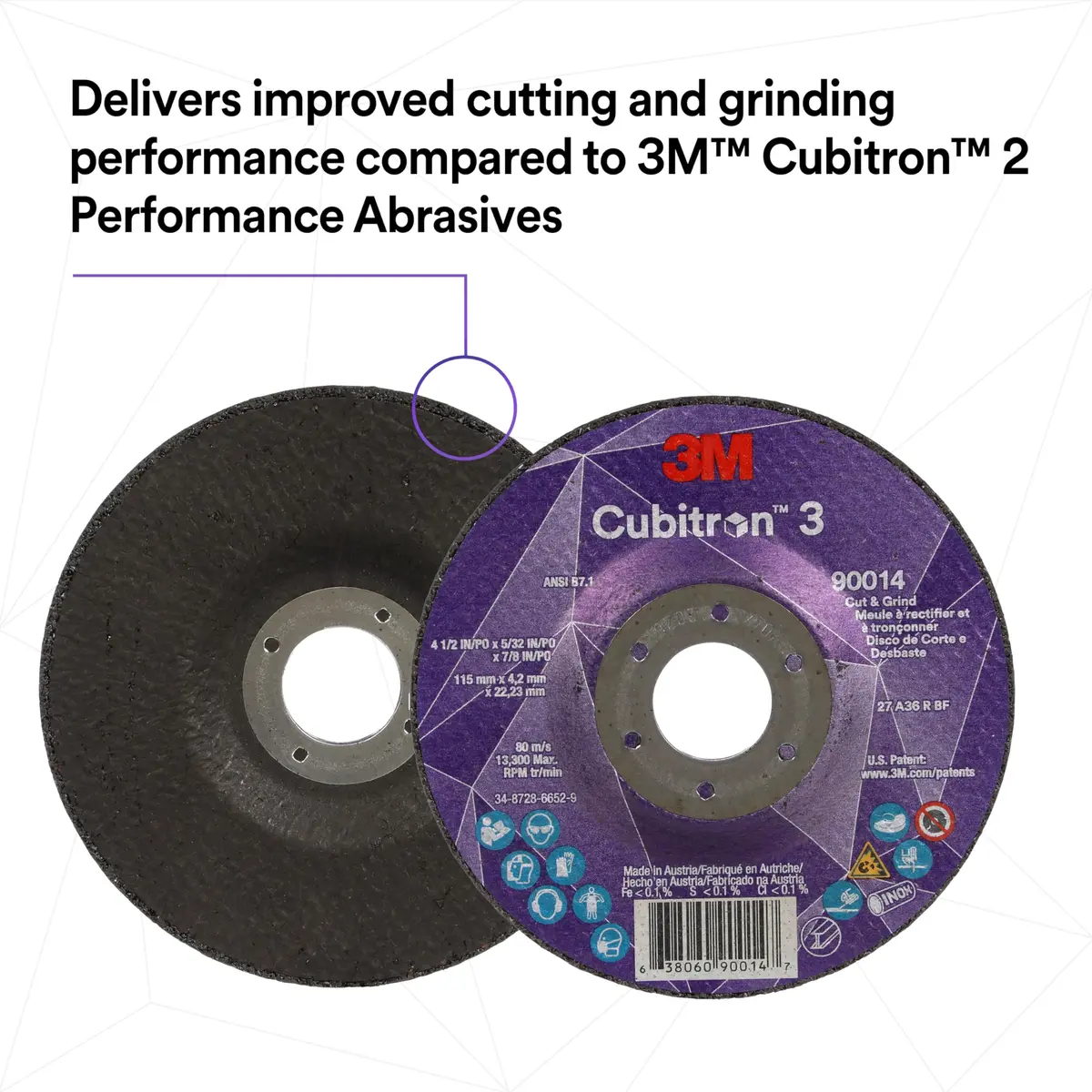 3M Cubitron 3 Cut and Grind Wheel, 36+ Grit, T27, 7 in x 5/32 in x 7/8 in | Long-lasting ceramic abrasive - view 5