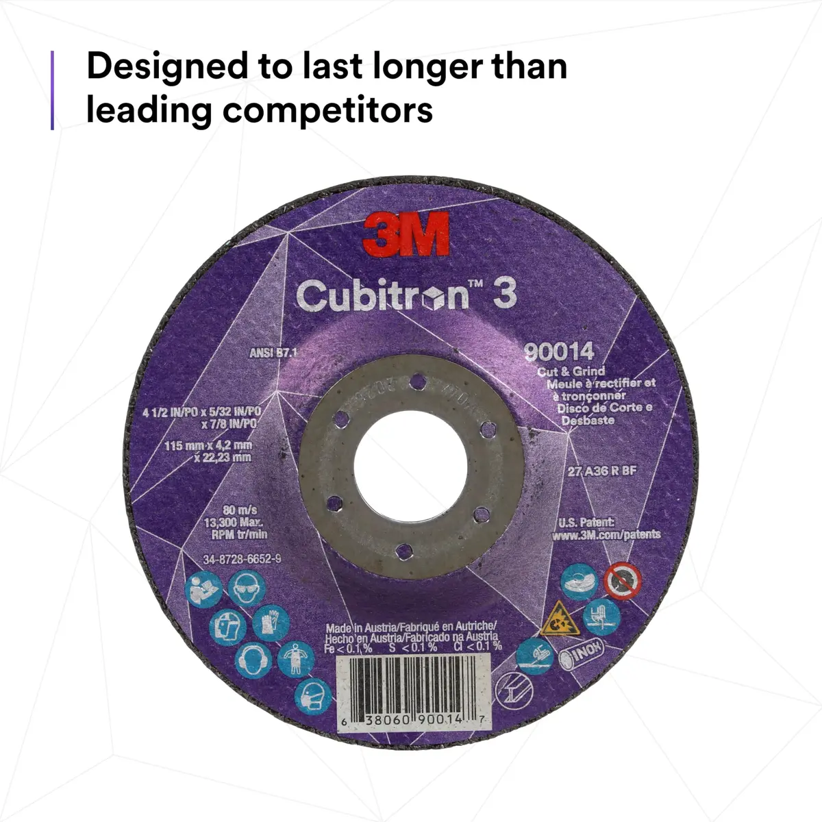 3M Cubitron 3 Cut and Grind Wheel, 36+ Grit, T27, 7 in x 5/32 in x 7/8 in | Long-lasting ceramic abrasive - view 7