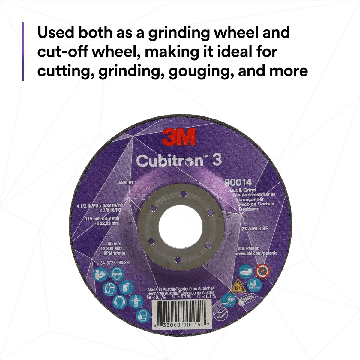 3M Cubitron 3 Cut and Grind Wheel, 36+ Grit, T27, 7 in x 5/32 in x 7/8 in | Long-lasting ceramic abrasive - view 2