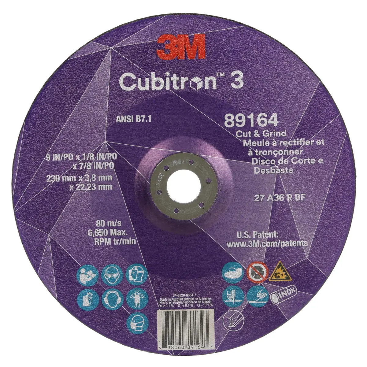 3M Cubitron 3 Cut and Grind Wheel, 36+, T27, 9 in x 1/8 in x 7/8 in, Longer Life - main product image