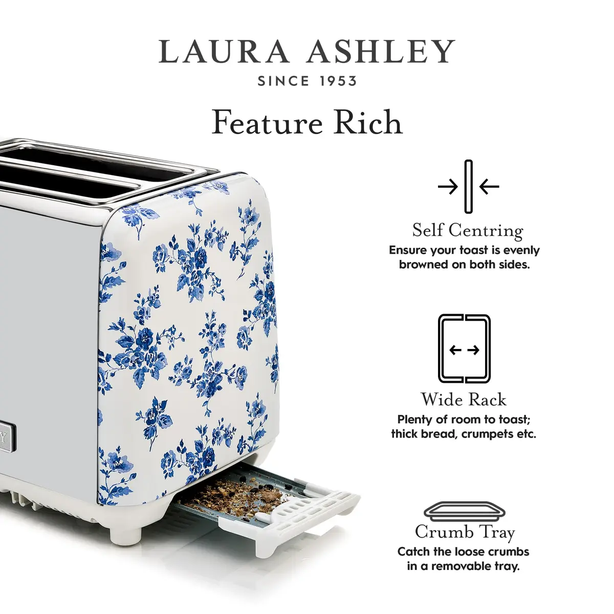 Laura Ashley China Rose 2 Slice Toaster | Wide Slot, Even Browning, 7 Levels, Compact Design - view 7