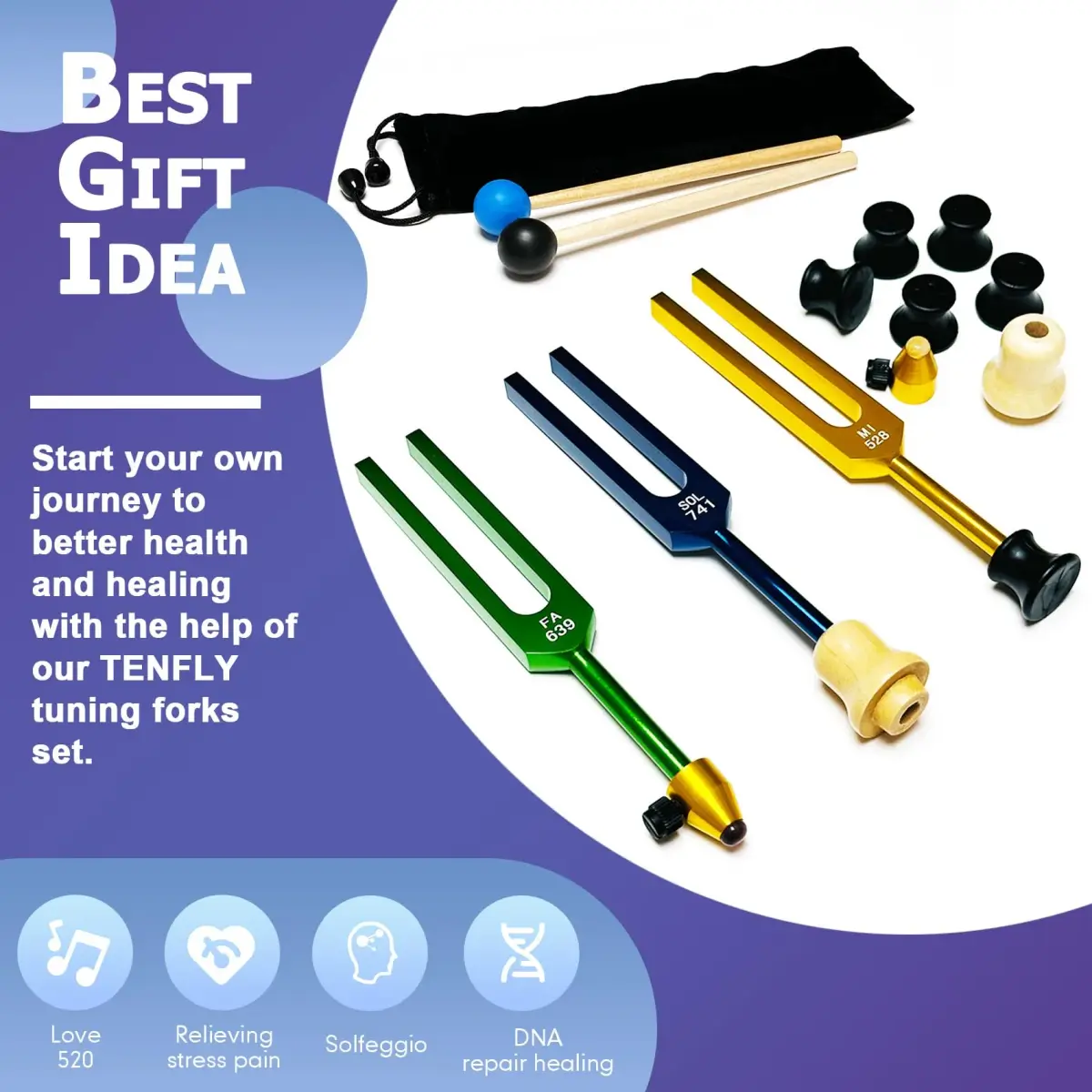 TENFLY Solfeggio Tuning Fork Set 10-Piece Aluminum Alloy with Gift Box | Accurate Frequencies for Sound Therapy - view 6