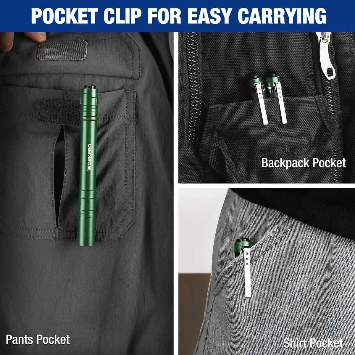 WORKPRO LED Pen Light 4-Pack Green | Pocket Flashlight with Clip & 2AAA Batteries Included - view 5