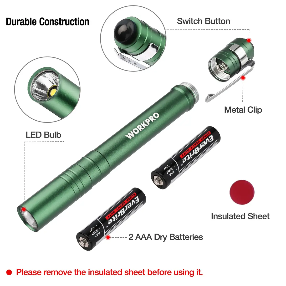 WORKPRO LED Pen Light 4-Pack Green | Pocket Flashlight with Clip & 2AAA Batteries Included - view 6