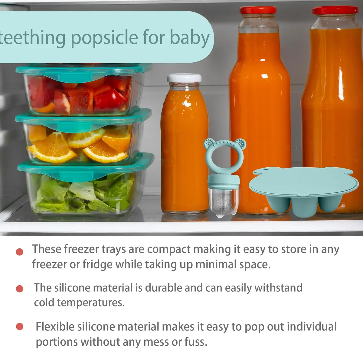 BIGSPINACH Silicone Baby Food Freezer Tray with Teething Popsicle Molds | Baby Fruit Feeder & Breastmilk Teether - view 6