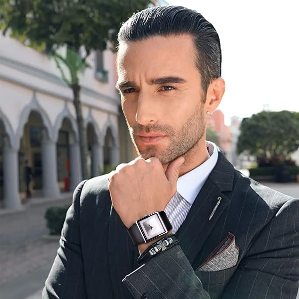 SIBOSUN Men's Square Watch Minimalist Quartz Analog Leather Strap Watch 40mm | Classic Silver Dial - view 4