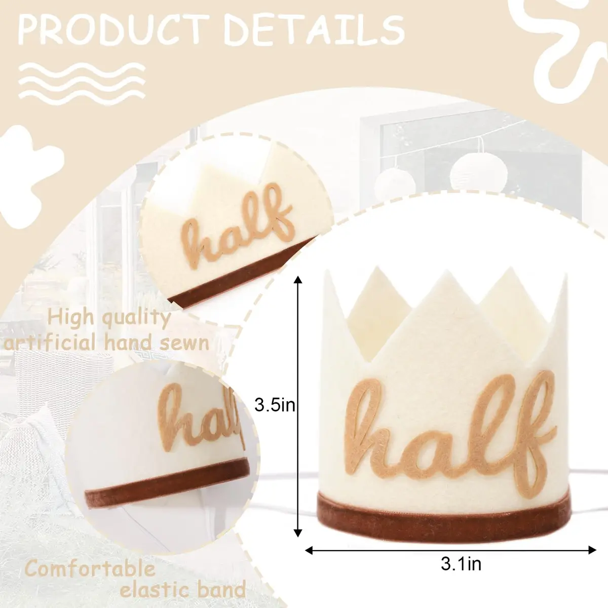 Agkvw Half Birthday Crown - Boho Cake Smash Prop, 6 Months Hat for Boys in Brown | Rustic Boho Party Accessory - view 4