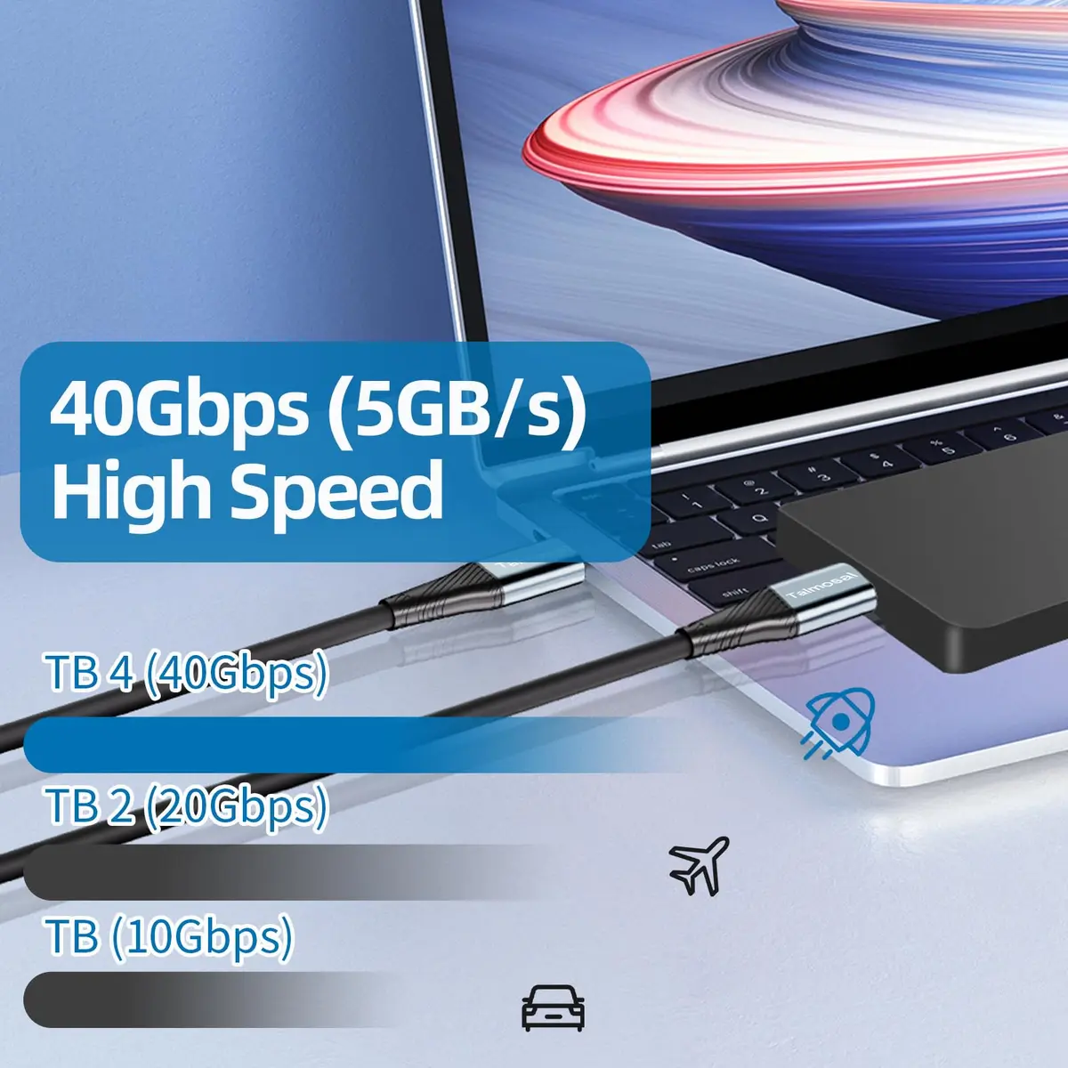 Talmosal 240W Thunderbolt 4 Cable 10 ft Support 8K@60Hz, 4K@144Hz 40Gbps/240W PD Charging for MacBook, iPhone 17, SSD, eGPU - view 2