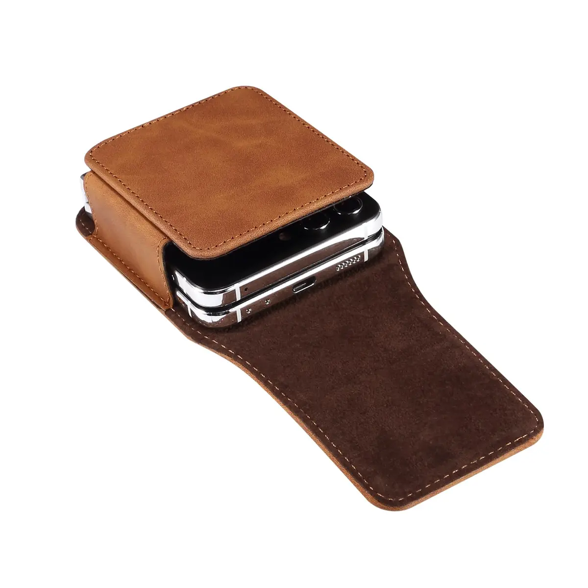 ZZ HZYISIDA Faux Leather Phone Holster Pouch Belt Clip for Motorola Razr+ 2025/2024, Razr 50 Ultra, Samsung Galaxy Z Flip 6/5/4, Brown | Fits Phones Up to 6.7 Inches - view 5