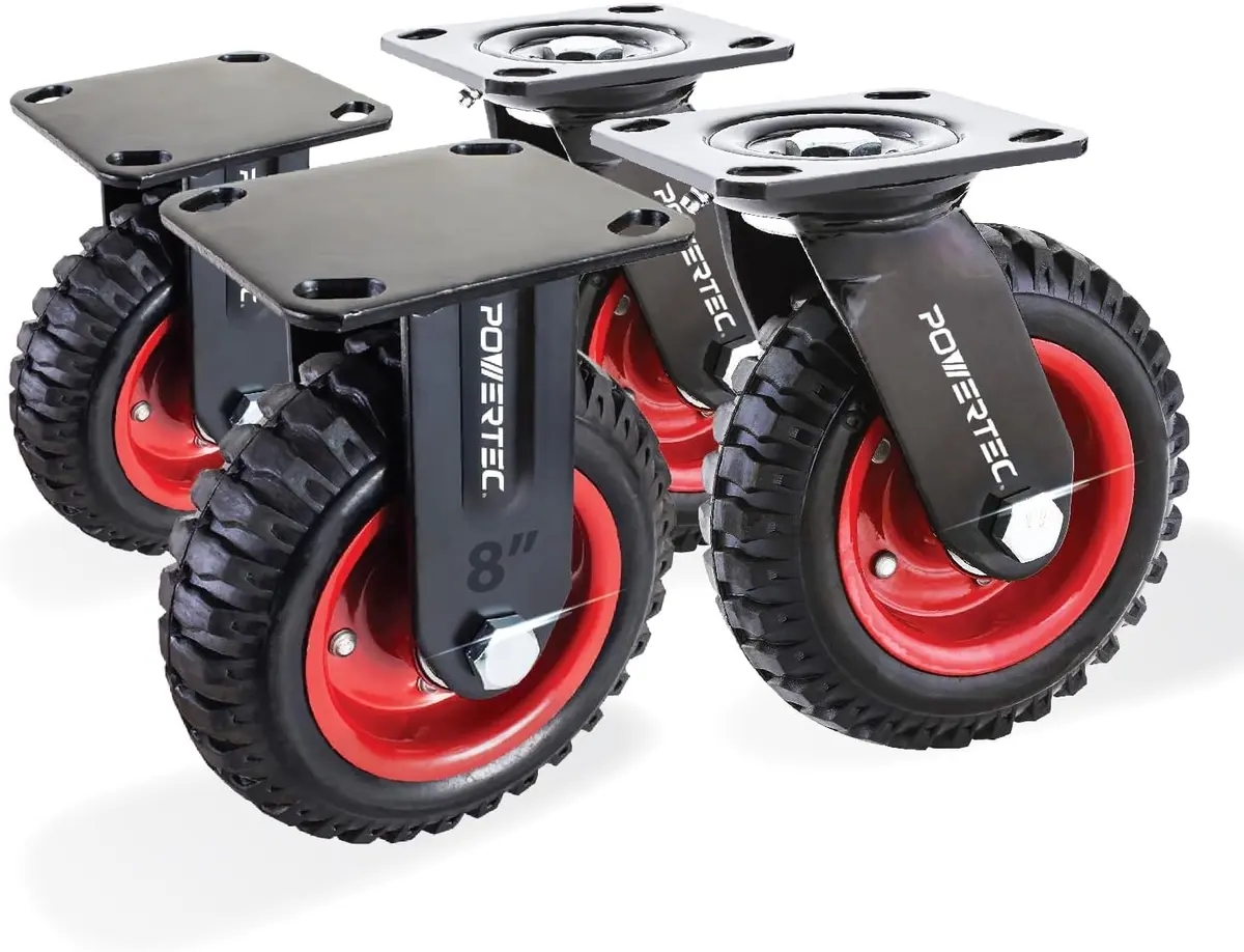 POWERTEC 8 Inch Heavy Duty Plate Casters Set of 4 | 2 Swivel & 2 Fixed, Rubber Knobby Tread (17055V) - main product image