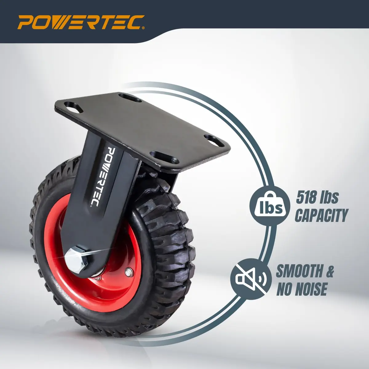 POWERTEC 8 Inch Heavy Duty Plate Casters Set of 4 | 2 Swivel & 2 Fixed, Rubber Knobby Tread (17055V) - view 5