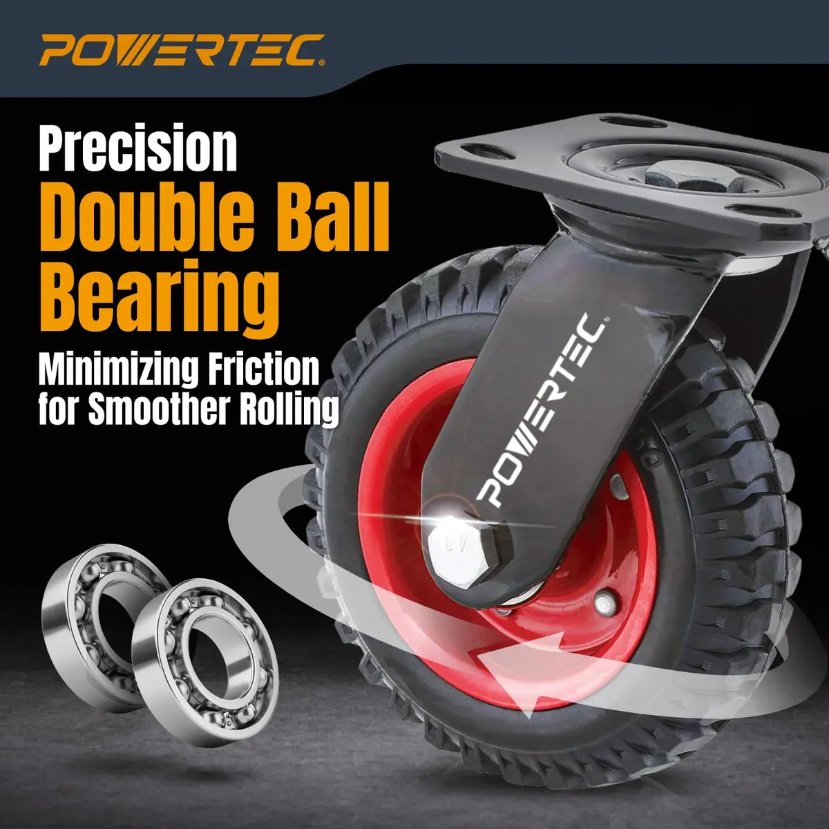 POWERTEC 8 Inch Heavy Duty Plate Casters Set of 4 | 2 Swivel & 2 Fixed, Rubber Knobby Tread (17055V) - view 6