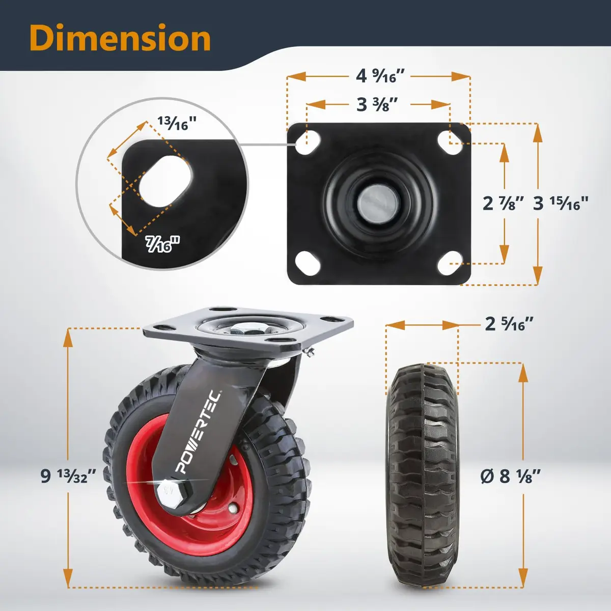 POWERTEC 8 Inch Heavy Duty Plate Casters Set of 4 | 2 Swivel & 2 Fixed, Rubber Knobby Tread (17055V) - view 2