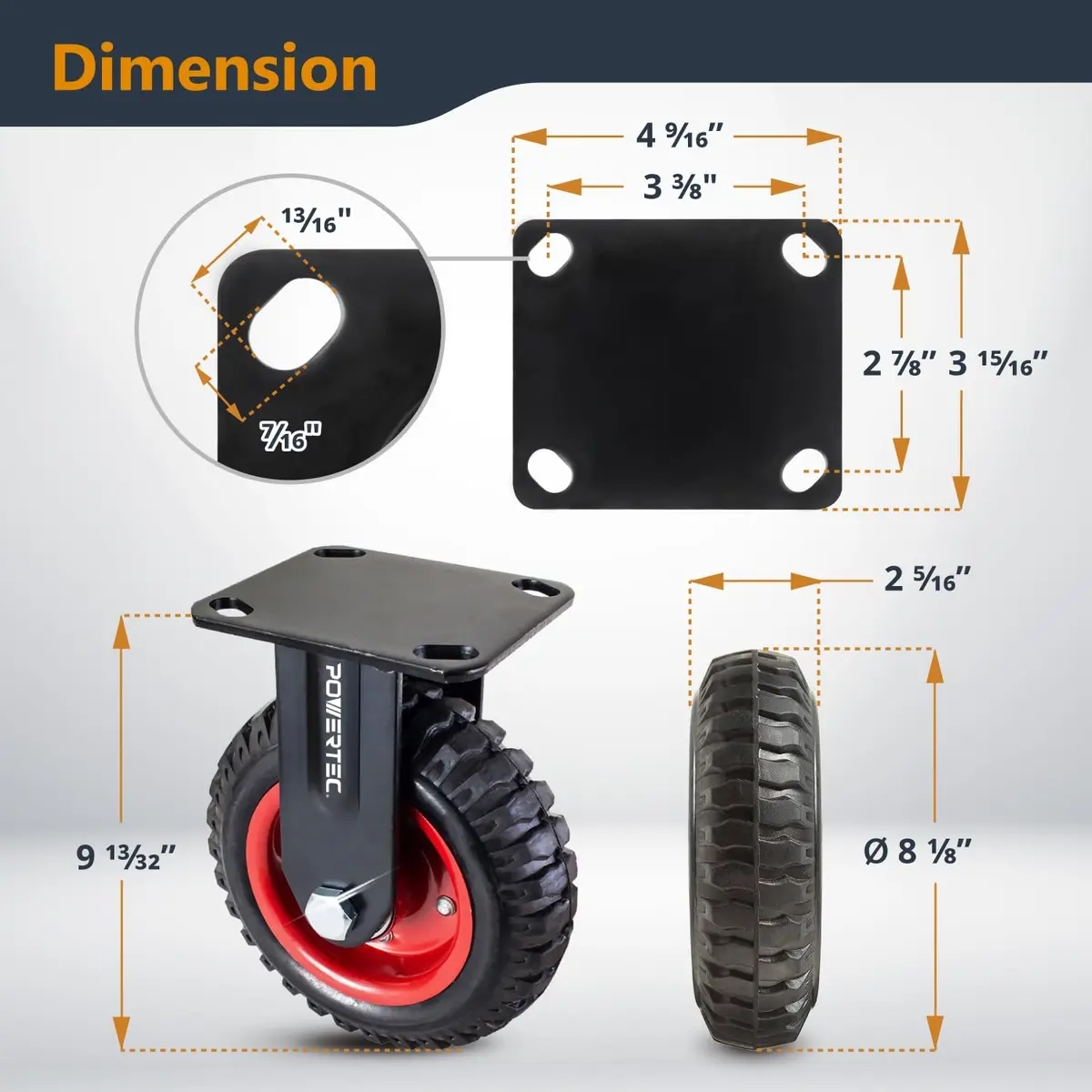 POWERTEC 8 Inch Heavy Duty Plate Casters Set of 4 | 2 Swivel & 2 Fixed, Rubber Knobby Tread (17055V) - view 3