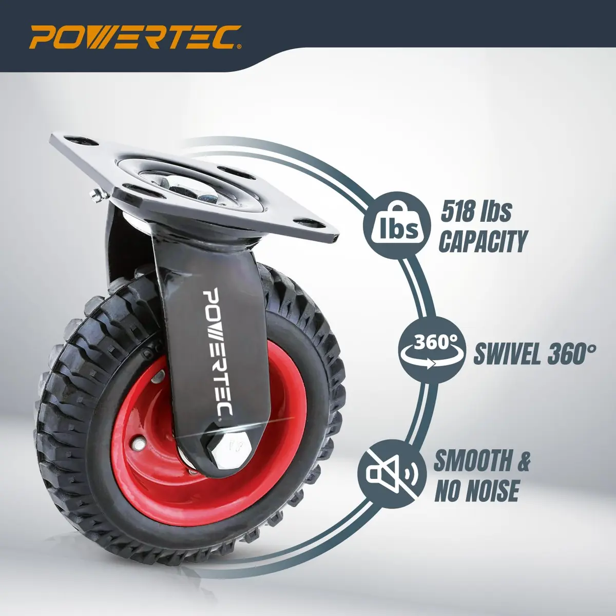 POWERTEC 8 Inch Heavy Duty Plate Casters Set of 4 | 2 Swivel & 2 Fixed, Rubber Knobby Tread (17055V) - view 4