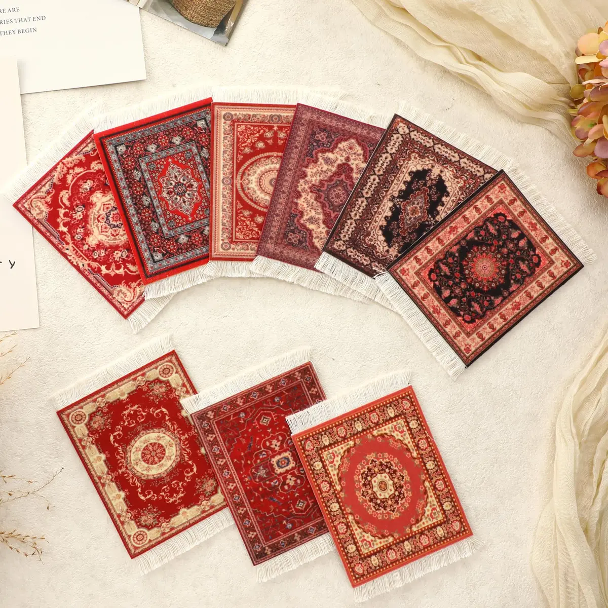 Preboun Rug Style Coasters Set of 10 | Vibrant Oriental Rug Design for Home & Office - view 4