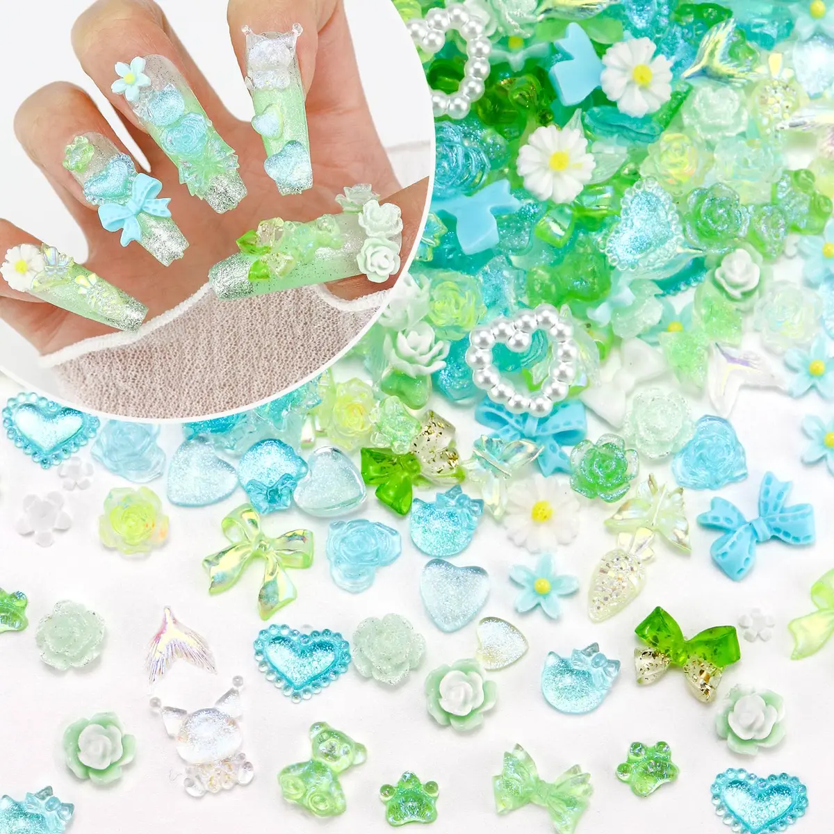 Briskbloom 320PCS Green Assorted 3D Nail Charms | Spring Flower Bow & Heart Star for Nail DIY Crafts - main product image