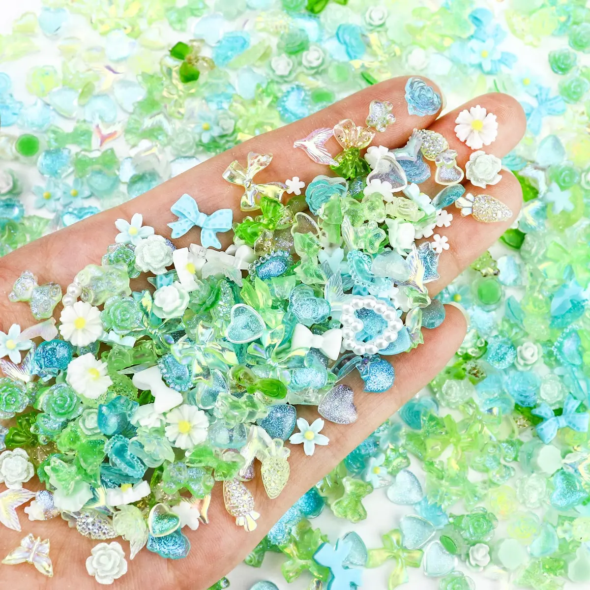 Briskbloom 320PCS Green Assorted 3D Nail Charms | Spring Flower Bow & Heart Star for Nail DIY Crafts - view 2