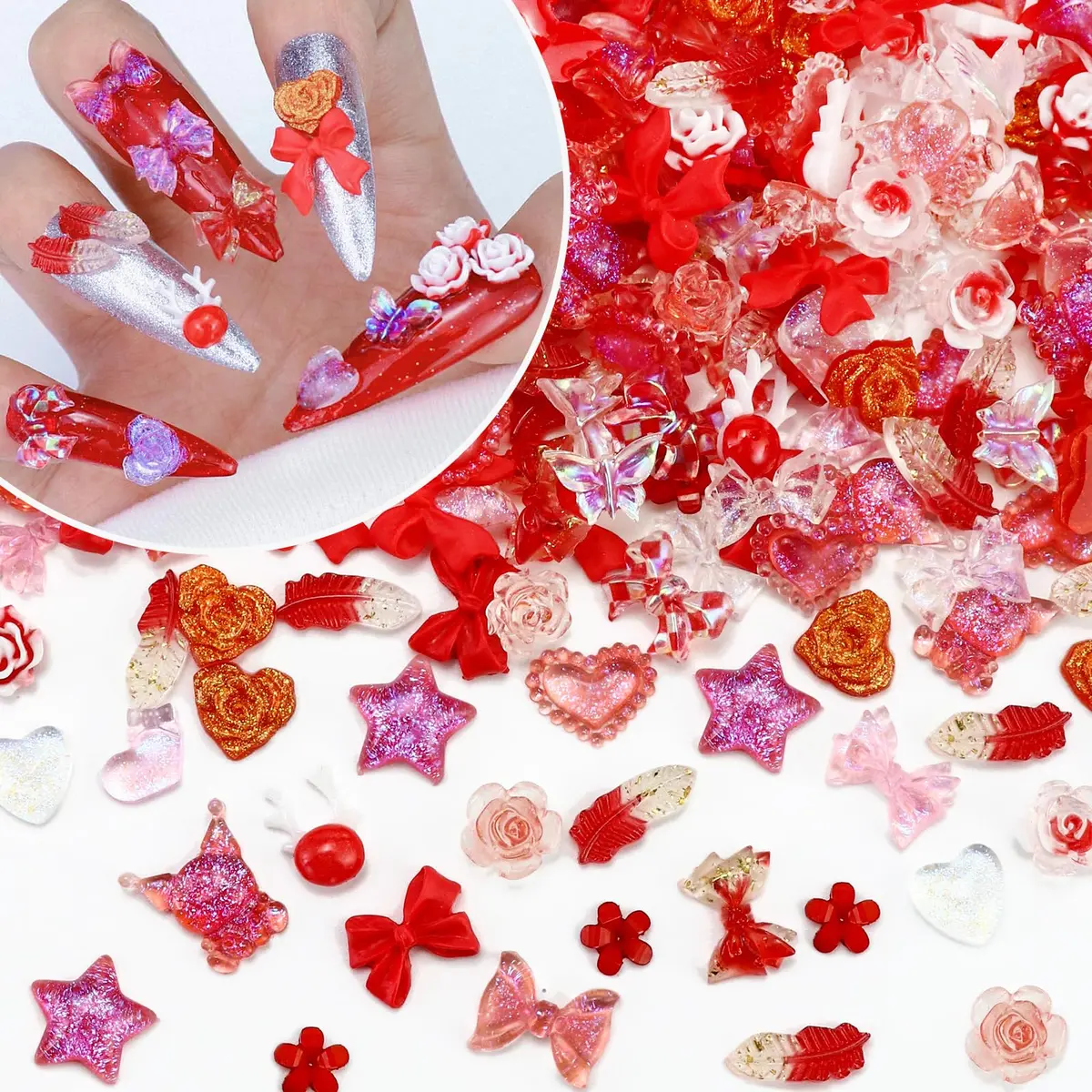 Briskbloom 320PCS Red Assorted Nail Charms | 3D Nail Art & DIY Accessories - main product image