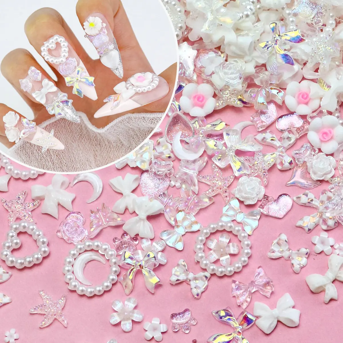 Briskbloom 320PCS White Assorted 3D Nail Charms | DIY Nail Art & Crafts - main product image