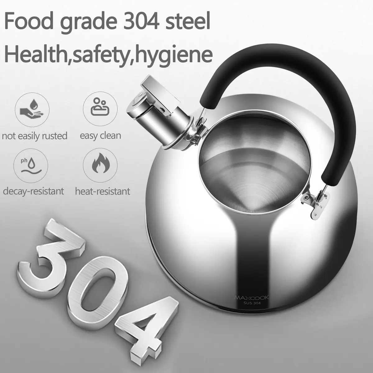 MAXCOOK 304 Stainless Steel Whistling Tea Kettle 3.17 Quart (3L) | Heats Water Fast on All Stovetops - view 2