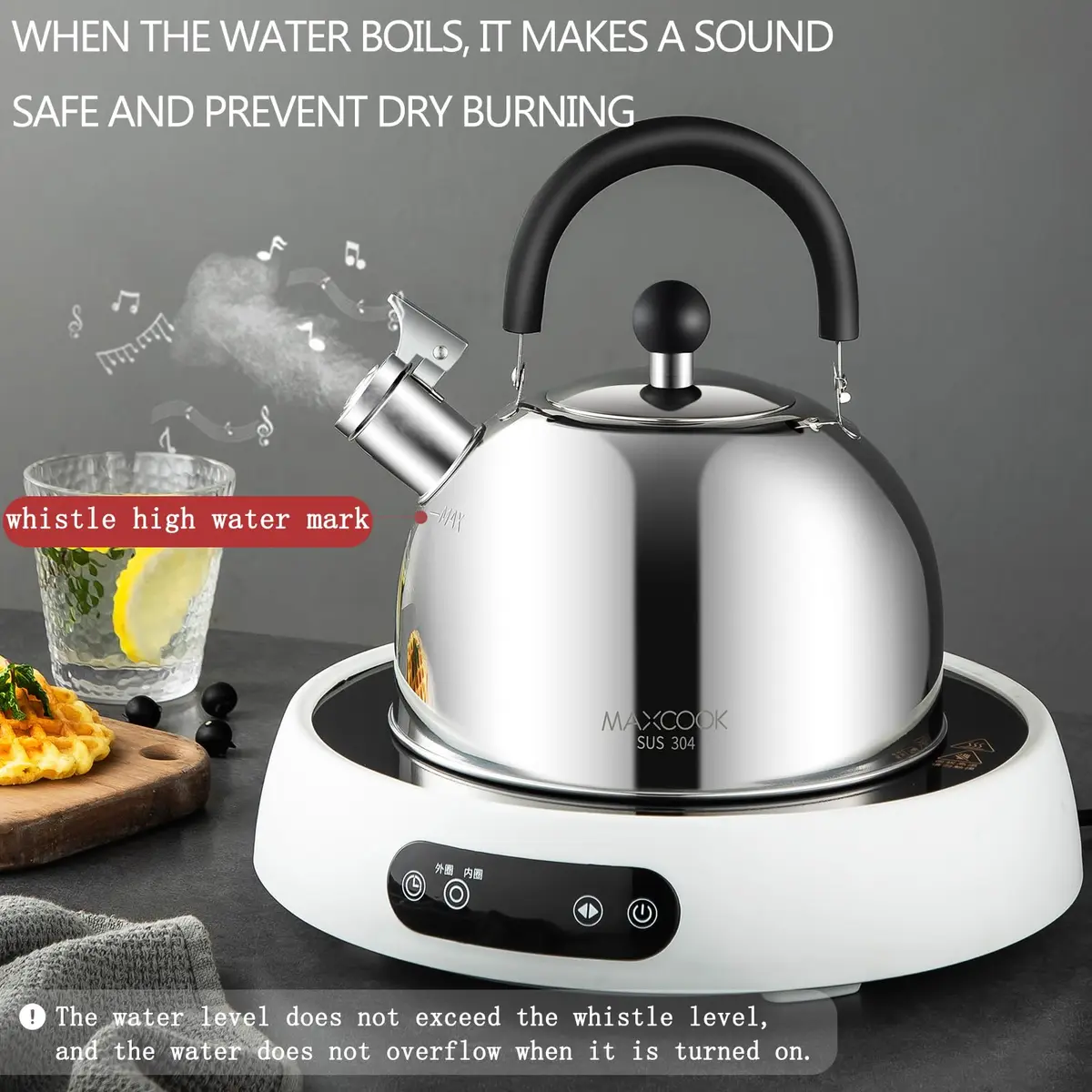 MAXCOOK 304 Stainless Steel Whistling Tea Kettle 3.17 Quart (3L) | Heats Water Fast on All Stovetops - view 3